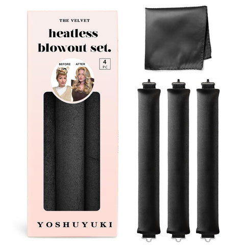 Overnight Heatless Curls Blowout Set - Jumbo Black Silk Hair Wrap Rollers for Long Hair, No Heat Curling Headband