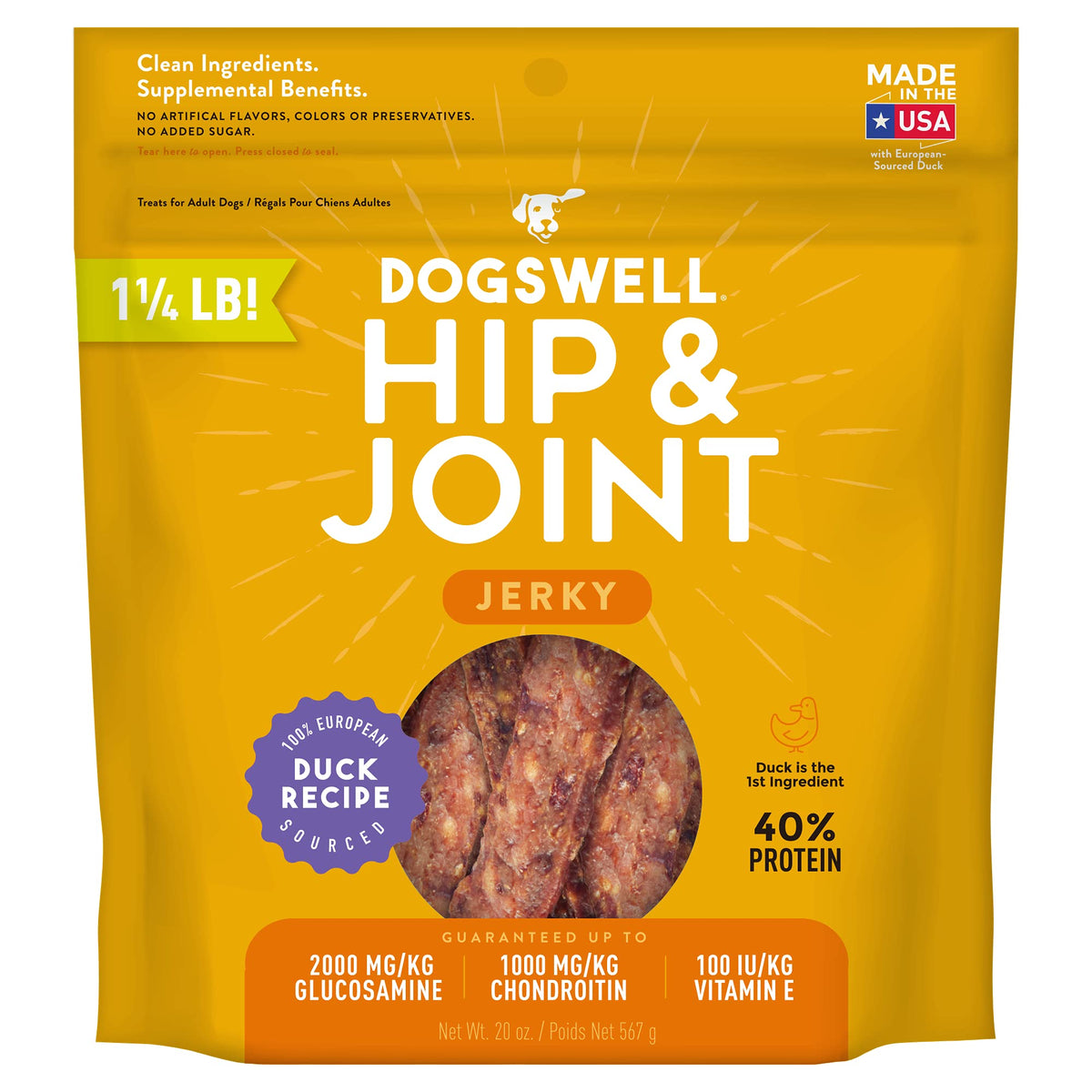 Dogswell Jerky Hip and Joint Dog Treats Grain Free Made in USA Only, Glucosamine and Chondroitin, 20 oz Duck