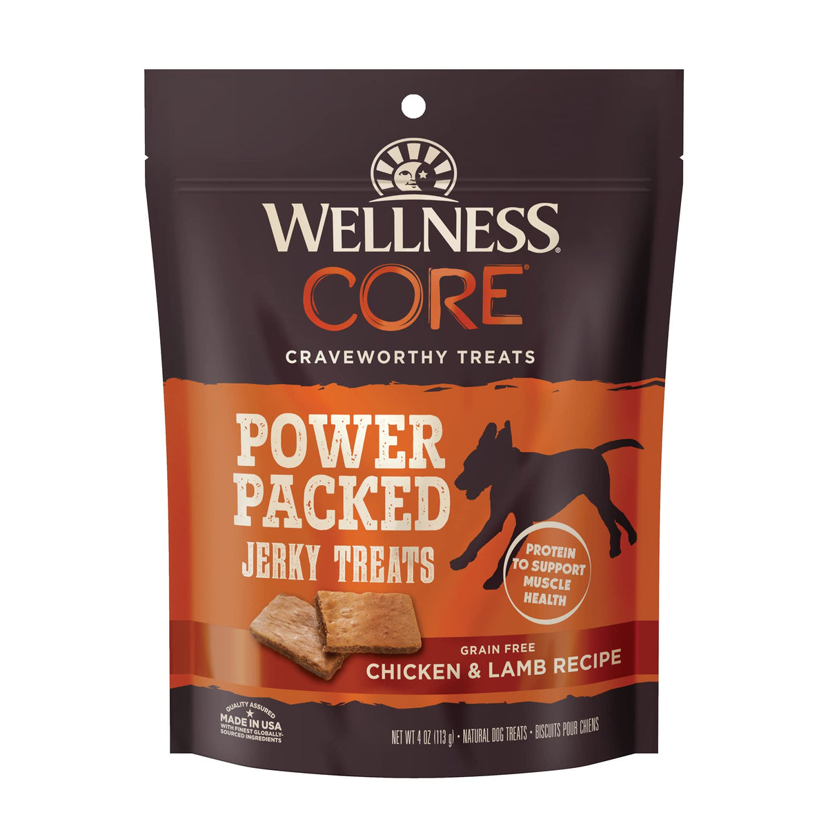 Wellness CORE Power Packed Dog Treats (Previously Pure Rewards), Grain-Free Tender Jerky Treats, Made in USA (Chicken & Lamb Recipe, 4-Ounce Bag)