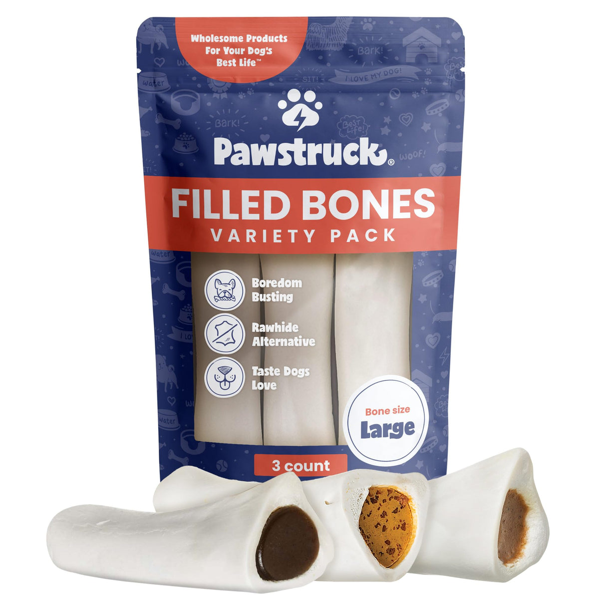 Pawstruck Large 5-6ÃƒÆ’Ã‚Â¢ÃƒÂ¢Ã¢â‚¬Å¡Ã‚Â¬Ãƒâ€šÃ‚Â Filled Dog Bones Variety Pack - Peanut Butter, Cheese & Bacon, Beef Flavors - Made in USA Long Lasting Stuffed Femur Treat for Aggressive Chewers - Pack of 3 - Packaging May Vary