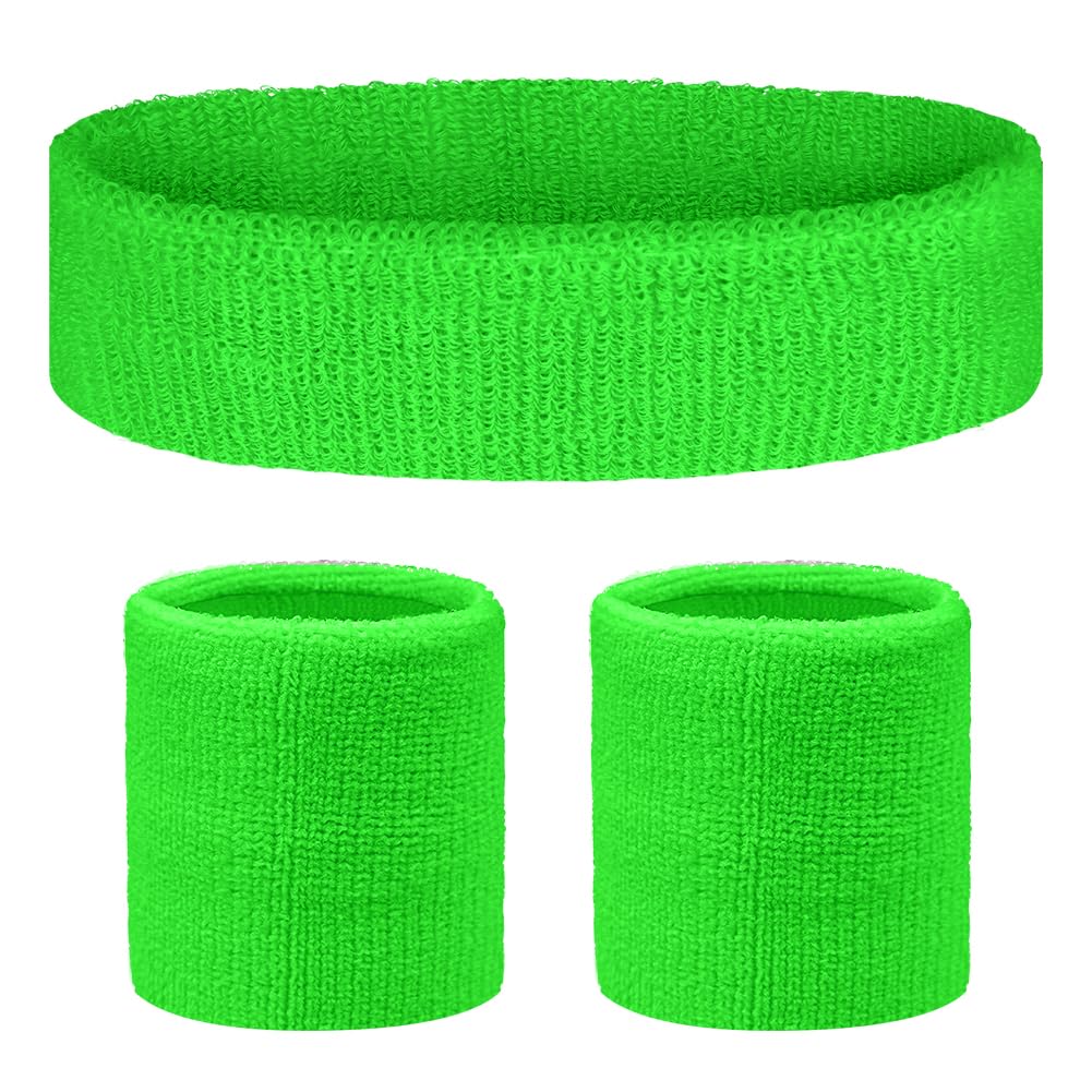 Flintronic 3 Pack Sweatbands Set, Fitness Sweatbands with 1PC Sports Headband+2PCS Wristbands, Sports Sweatband Soft Thickened Terry Cotton, Soft Cotton for Handball Football Tennis-Green