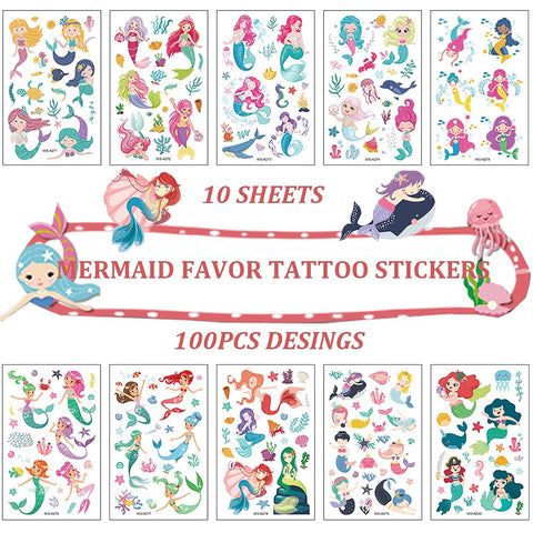 Temporary Tattoo for Kids, Waterproof Body Art Stickers, 100pcs Fake Tattoos Pattern, Cute Cartoon Tattoo Decorations, Birthday Party Favor Supplies Gift for Boys Girls Children Toddler Teens Mermaid