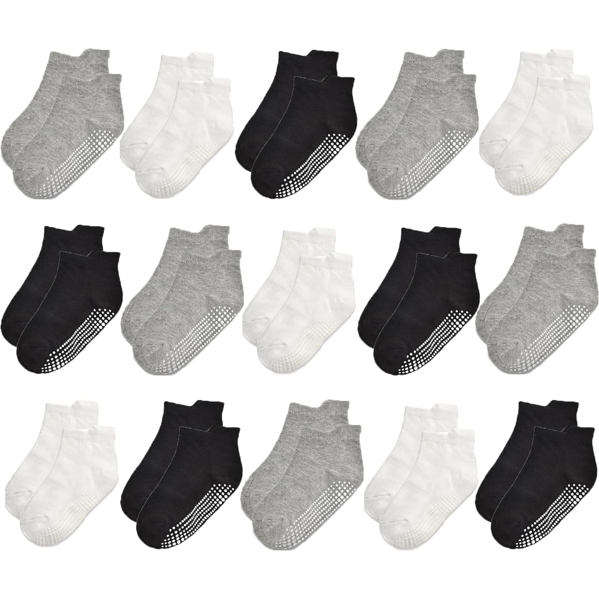 ELUTONG Non Slip Toddler Socks 15 Pairs with Grips Anti Skid Solid Color Crew Socks for Kids Boys Girls 1-7 Years