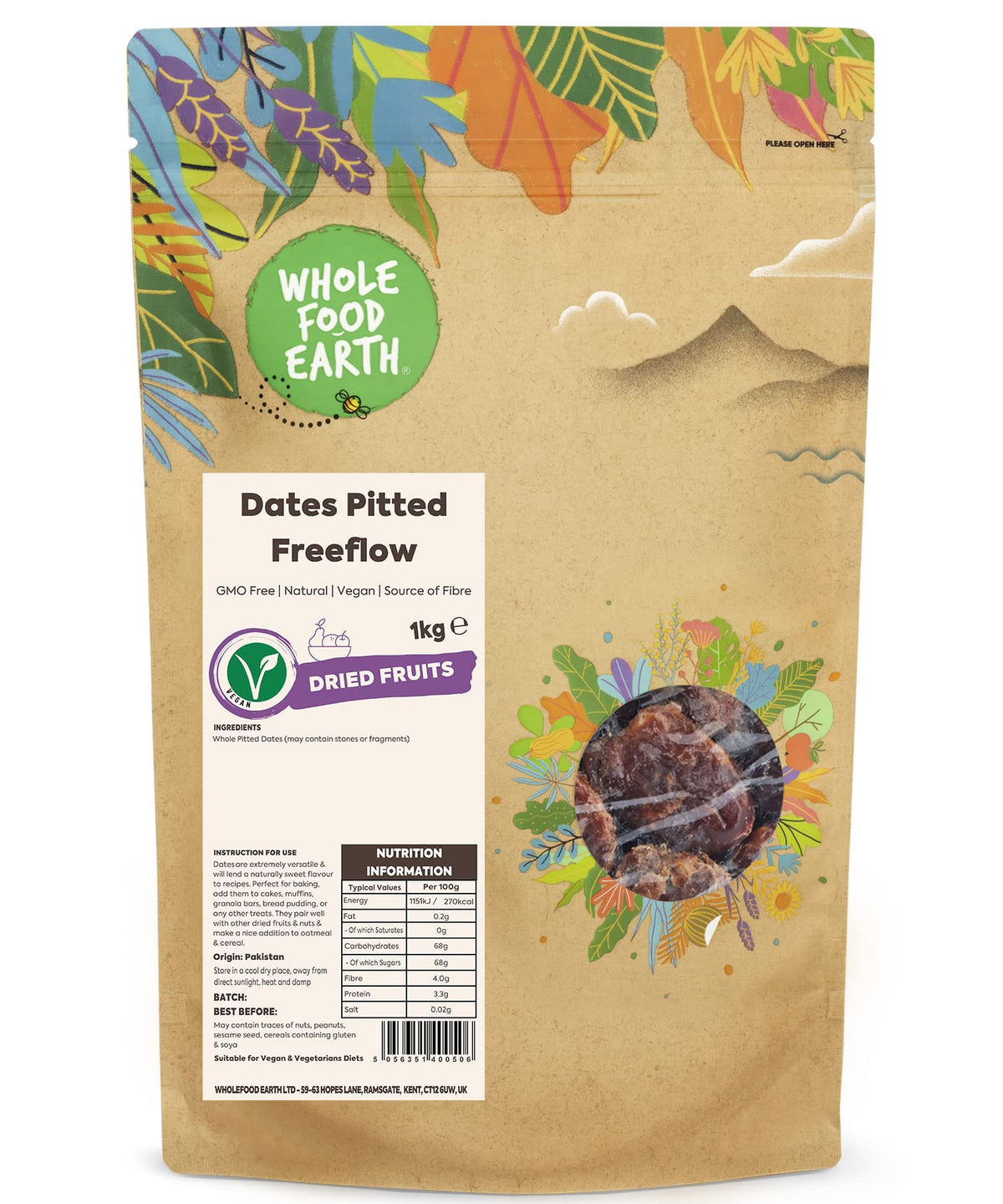 Wholefood Earth Dates Pitted Freeflow 1 kg | GMO Free | Natural | Source of Fibre