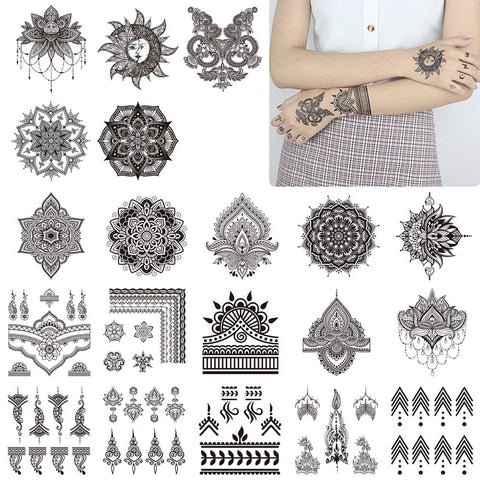 20 Sheets Black Mandala Temporary Tattoo, Rose Henna Flower Design Petal Leaf Sketch Words Fake Tattoo Sticker for Cool Women Lady Girls, Body Art on Back of hand Finger Arm Clavicle Waterproof