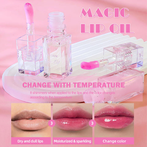 Color Changing Lip Oil,Clear to Pink Magic Big Brush Color Changing Hydrating Lip Glow Oil,Long Lasting Nourishing Non-sticky Lip Oil Tinted for Lip Care and Dry Lips (Transparent)