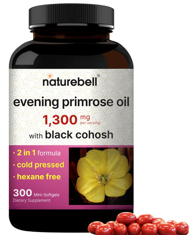 NatureBell Evening Primrose Oil with Black Cohosh, 1,300mg Per Serving, 300 Mini-Softgels | Cold Pressed Seeds, Retains 130mg GLA for Womens Health & Skin Care Support - Hexane Free, Non-GMO