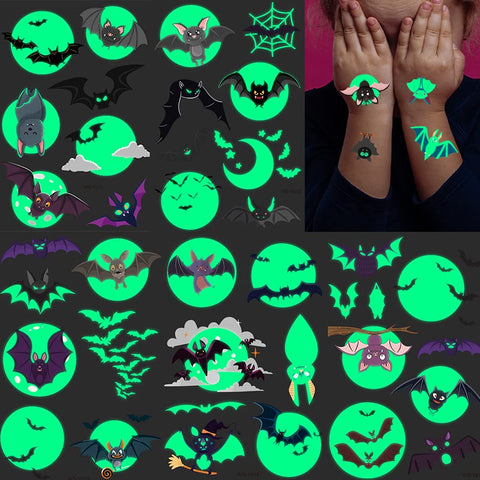 Temporary Tattoos for Kids, 73PCS Luminous Halloween Bat Theme Glow in the Dark Fake Tattoos, Body Stickers Decorations, Halloween Cosplay Face Makeup Holiday Party Favors Gifts for Adults Teens Bat