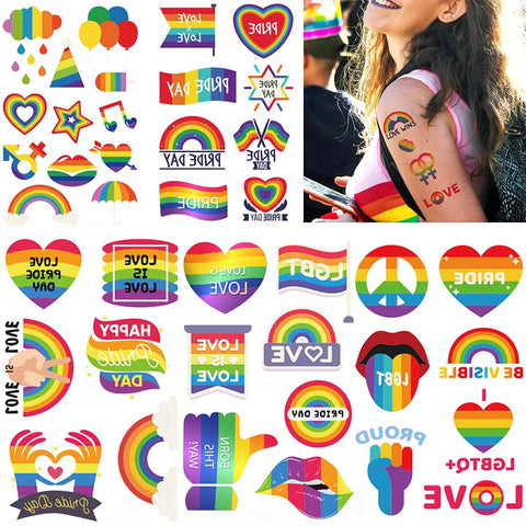 Temporary Tattoo, 73pcs Fake Tattoos Designs for Adult, Waterproof Body Stickers, Rainbow Tattoo Decorations, Heart Love Stripes LGBTQ Art Favor Supplies for Boys Girls Women Men 10 Sheets Pride Day