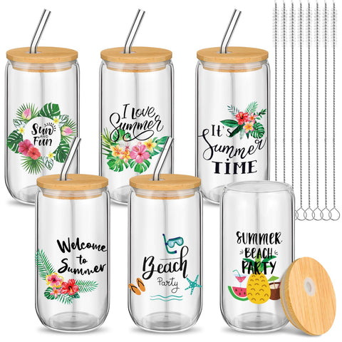 Maxcheck 6 Set Christian Glass Cups with Lids and Straws Brushes 16 oz Iced Coffee Summer Drink Cups Sunflower Tumbler Employee Appreciation Gifts Beer Glass for Friends Coworkers Gifts(Summer)