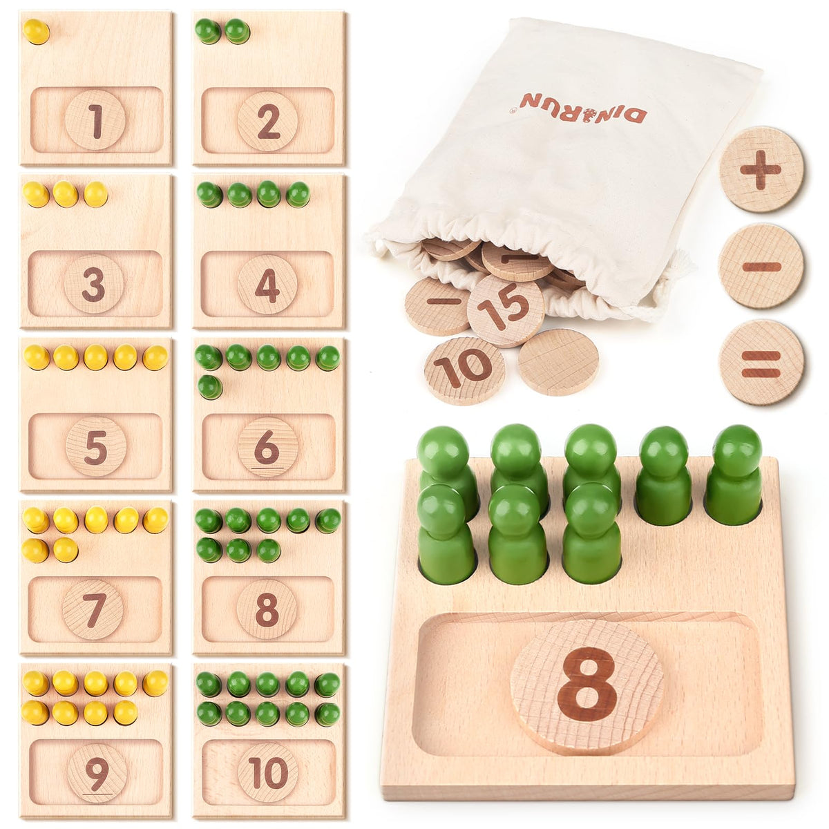 DINORUN Montessori Toys Counting Toys Wooden Toys Math Games with Storage Bag Kids Toys Toddler Educational Toys Gifts for 3 4 5 6 Year Old Girls and Boys