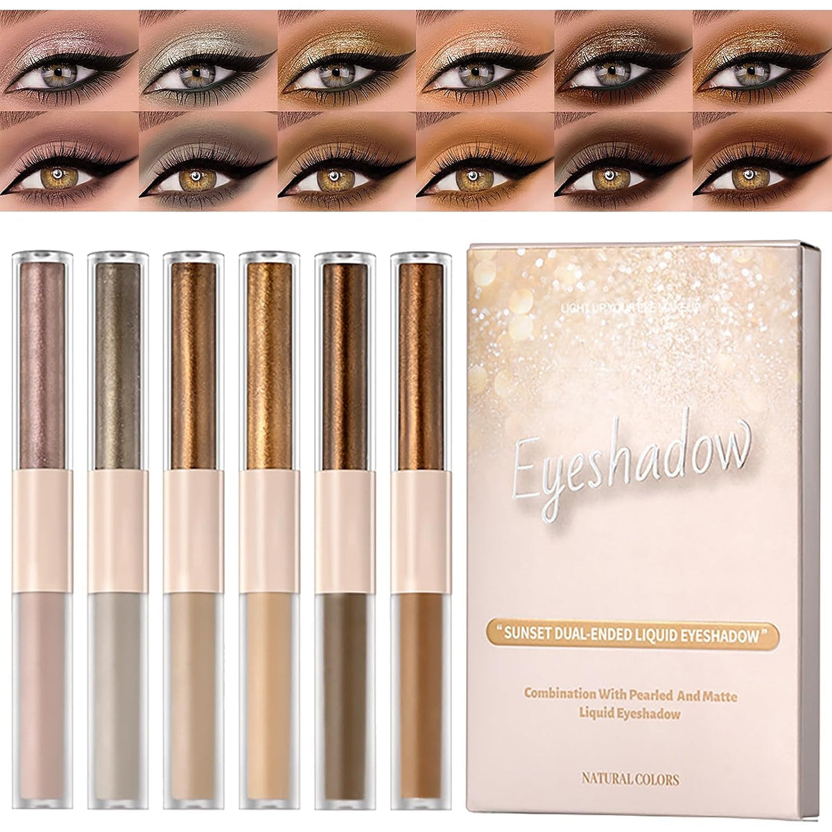 Melemando Dual Ended Liquid Eyeshadow Set 6 Color Neutral Naked Glitter and Matte Eyeshadow Waterproof Long Lasting Smooth Creamy Eyeshadow Set (6 Colors Set 1)