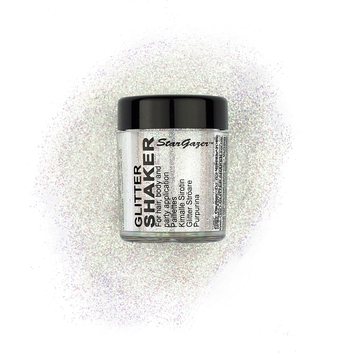 Stargazer UV Glitter Shaker, White. Cosmetic glitter powder for use on the eyes, lips, face, body, hair and nails.