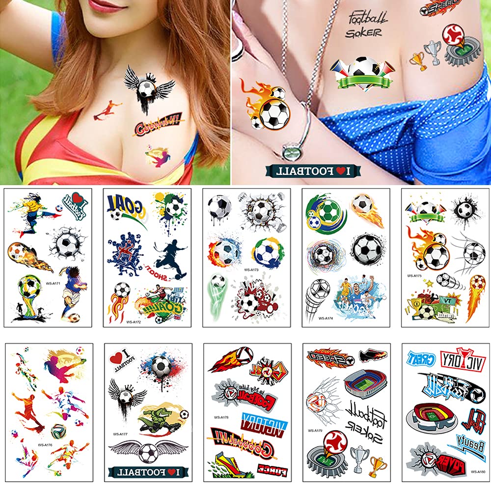 Temporary Tattoo, 100pcs Fake Tattoos Designs, Waterproof Body Art Stickers, Fan Games Event Tattoo Decorations, Party Favors School Reward Prizes Supplies for Boys Girls Women Men 10 Sheets Soccer