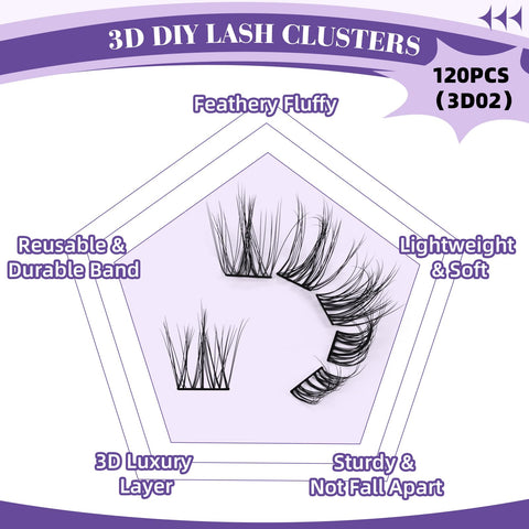 B&Q Lash Extension Kit Fluffy Volume Eyelash Extension Kit 120 PCS 3D Effect Lash Clusters DIY Lash Extension Kit With Applicator Tool for Self Application at Home?3D02 Kit,8-18MIX?