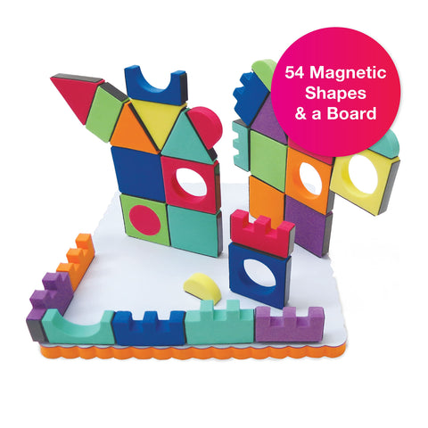 Edushape Magic Shapes with Board - 54 Magnetic Foam Blocks with Magnetic Base - Construction Baby Blocks for Toddlers for Learning & Development - Stacking Blocks for Toddlers 3-5