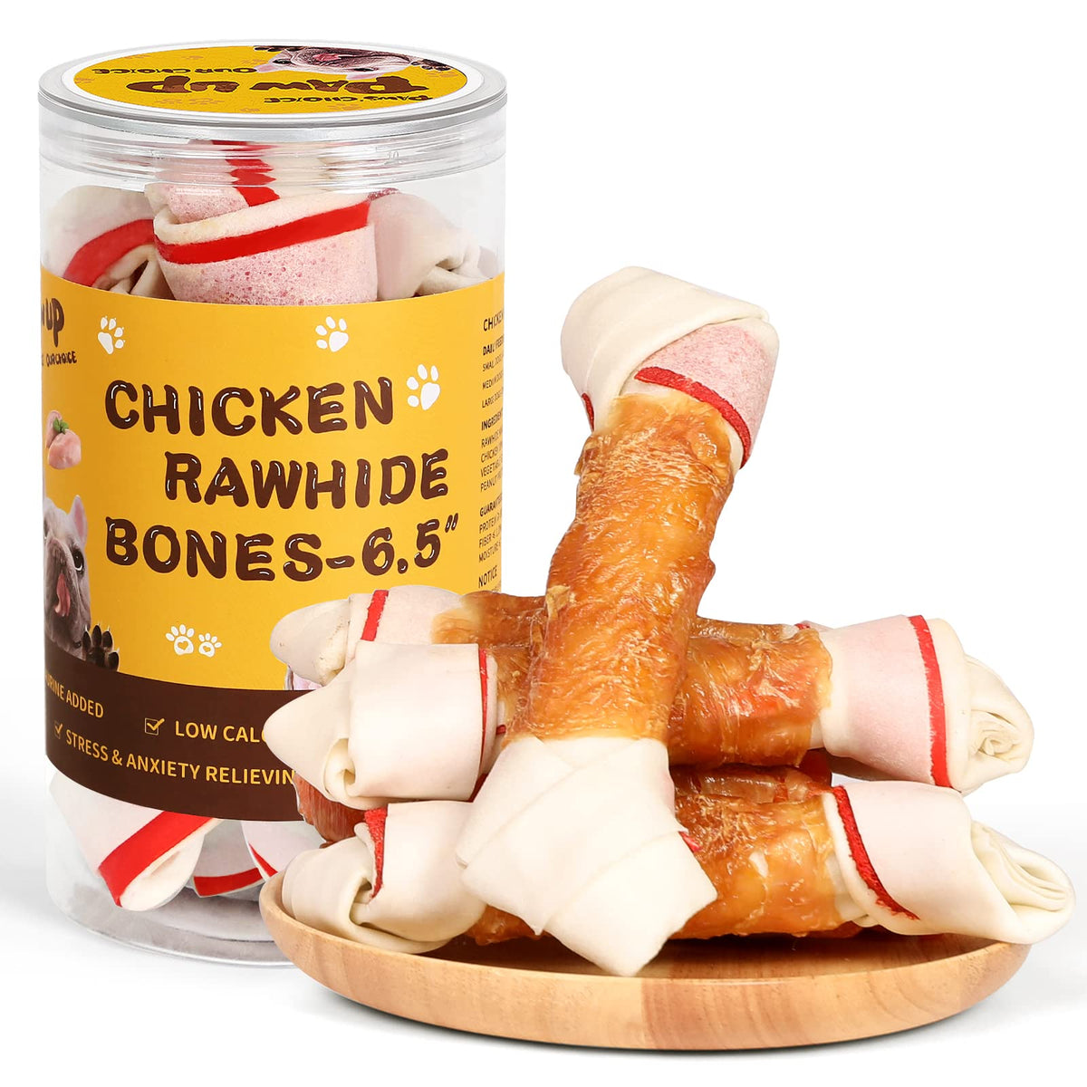 PAWUP Dog Treat Rawhide Bones with Chicken (6.5", 4pcs), Dog Chews Beefhide Treats w/Taurine, 10.5 oz