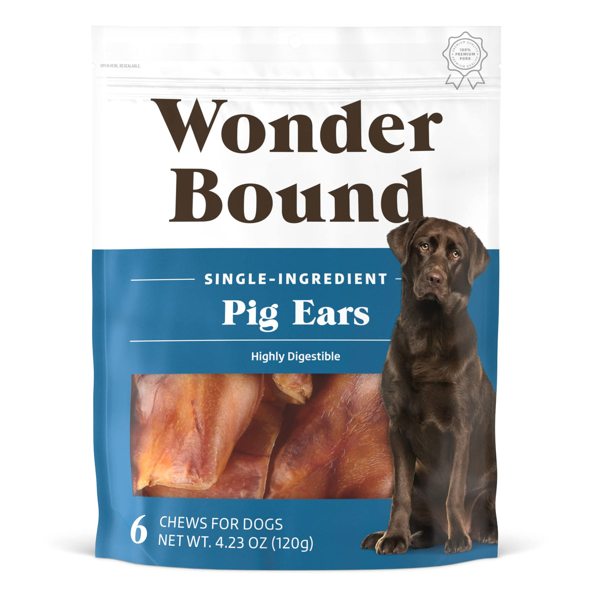 Amazon Brand - Wonder Bound Whole Pig Ears Dog Treats, Pork, Pack of 6