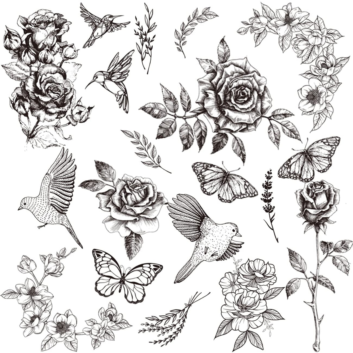 CHARLENT Realistic Black Flower Temporary Tattoos for Women - Rose Swallow Butterfly Peony Waterproof Sexy Fake Tattoos for Body Face Hand Arm