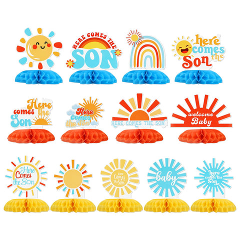 Here Comes The Son Honeycomb Centerpieces, 13pcs Baby Shower Decorations Table Sunshine Baby Toppers Sun Rainbow Party Table Decor