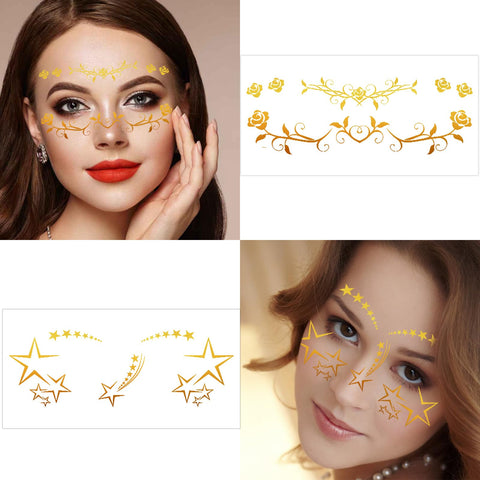 Konsait 20 Sheets Face Tattoos, Gold Star Butterfly Flowers Fake Face Tattoos, Metallic Temporary Tattoos for Women Girls, Temporary Face Tattoos for Parties Makeup Festival Accessories