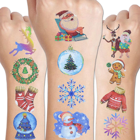 CHARLENT Glitter Christmas Tattoos for Kids Party Supplies - 12 Sheets Christmas Tattoos for Kids Christmas Xmas Party Favors, Stocking Stuffer, Christmas Eve Gift