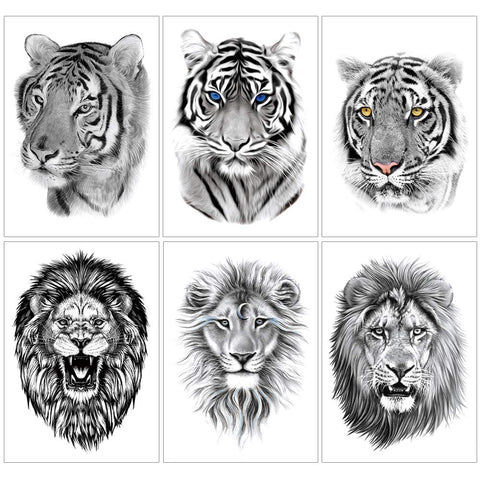 6 Sheets Black Tiger Lion Temporary Tattoo, Arm Chest Leg Tattoo Sticker for Men Women, Wild Beast Animal Designs Body Art on Back Shoulder Waterproof Large Size