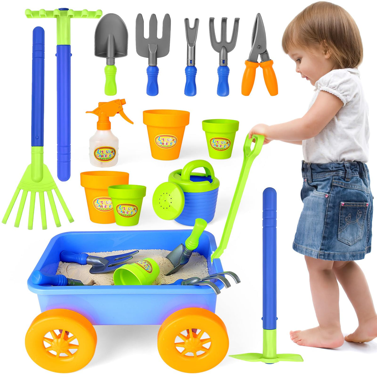 deAO Pull along Kids Wagon Wheelbarrow and Gardening Tools Play Set Includes 10 Accessories and 4 Plant Pots