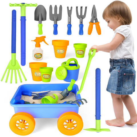 deAO Pull along Kids Wagon Wheelbarrow and Gardening Tools Play Set Includes 10 Accessories and 4 Plant Pots