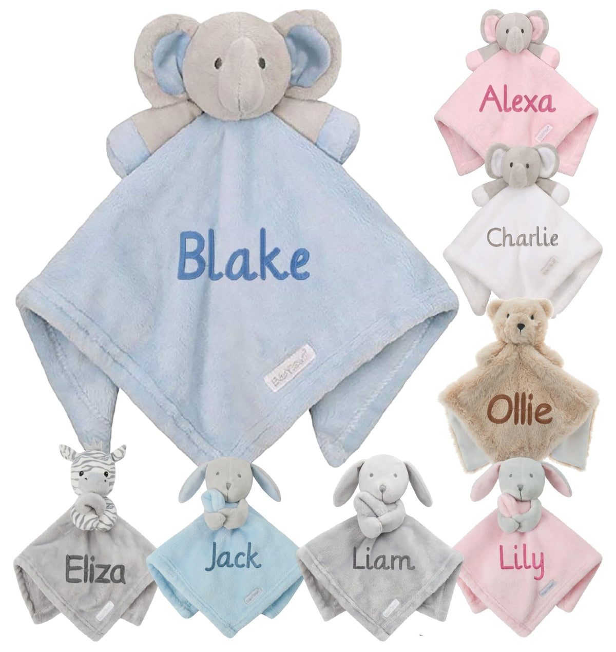 Personalised Baby Comforter Blanket Newborn Christening Shower Gift Boy Girl Keepsake Soft Snuggly Toy Blankie (Blue Elephant)