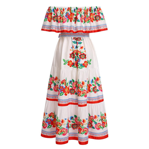 Mexican Dress for Women: Traditional Fiesta Outfit Cinco De Mayo Bohemian Floral Print Boho Summer Dresses for Women 2023 Beach Gown Mexico Clothes Maxi Party Halloween Costume White Small