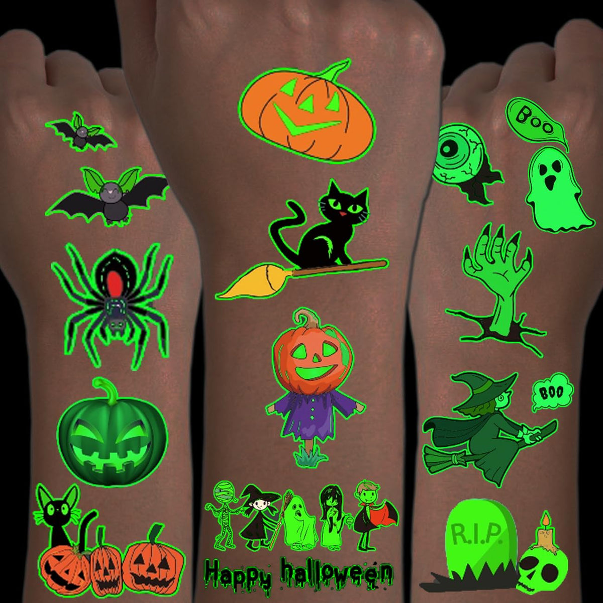 CHARLENT Luminous Halloween Temporary Tattoos for Kids Party Supplies - 100 Styles Glow in The Dark Halloween Pumpkin Skeletons Tattoos for Boys Girls Halloween Party Favors Treats Goodie Bag Fillers