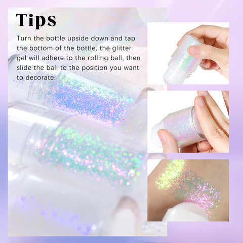 HOSAILY 2 Colors Roll-on Body Glitter Gel, Holographic Glitter Gel Under Light for Body, Hair, Face, Body Shimmer Hair Glitter Gel for Rave Accessories Christmas New Year Halloween Makeup (9+10)