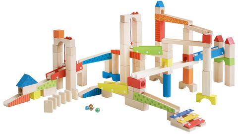 roba Wooden Marble Run 100 pc - Marble Labyrinth - Variable Set Up with Wooden Blocks