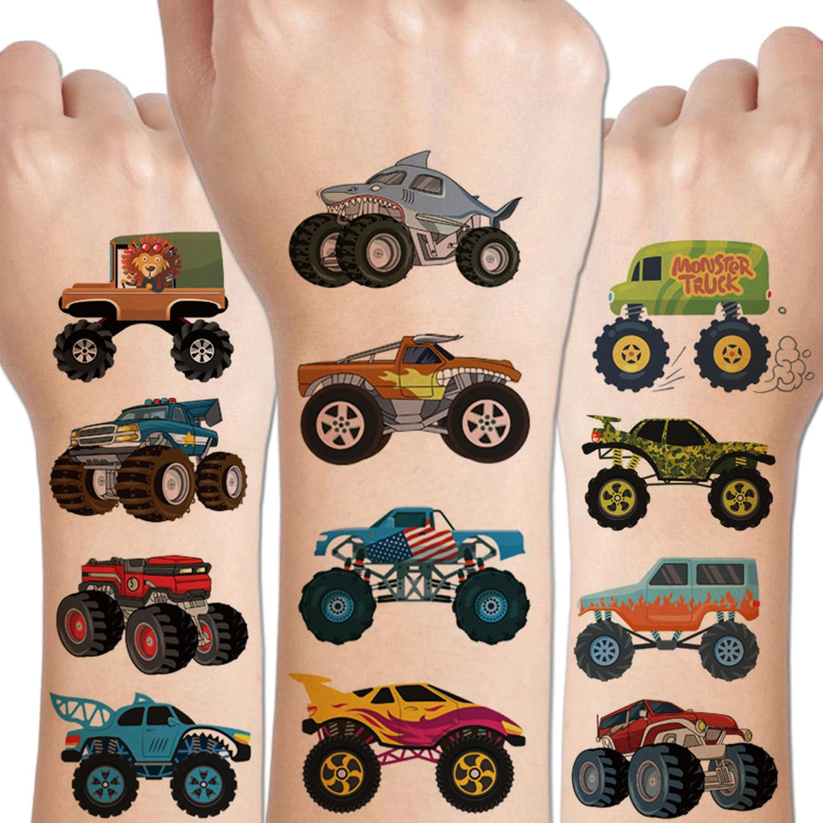 CHARLENT Monster Truck Temporary Tattoos for Kids Party Supplies - 10 Sheets Monster Truck Tattoos for Boys Birthday Party Favors Goodie Bag Fillers