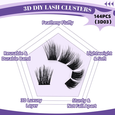 B&Q Lash Extension Kit Fluffy Volume Eyelash Extension Kit 144 PCS 3D Effect Lash Clusters DIY Lash Extension Kit With Applicator Tool for Self Application at Home?3D03 Kit,8-18MIX?