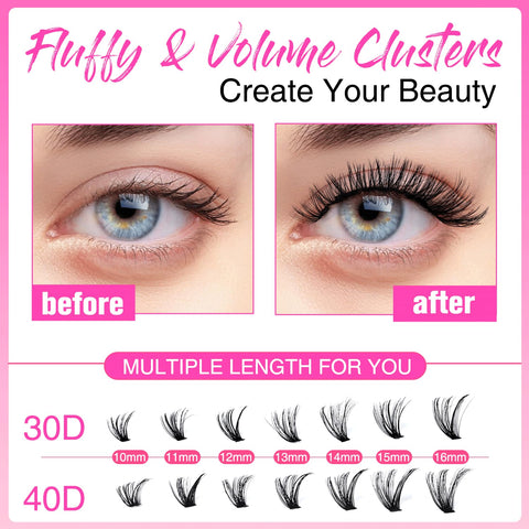 TDANCE DIY Lash Extension Kit Volume Lash Clusters 30D+40D D Curl Individual Lashes Lash Clusters Kit Thick Eyelash Extension Kit 280pcs Thin Band Cluster Lashes Lash Bond and Seal and Lash Tweezers