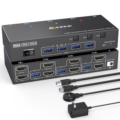 Dual Monitor KVM Switch USB 3.0 HDMI KVM Switch 2 Monitors 3 Computers 4K@60Hz 2K@144Hz, EDID Emulator, Dual Monitor KVM Switch with 4 USB 3.0 Ports,Wired Remote and Cables Included