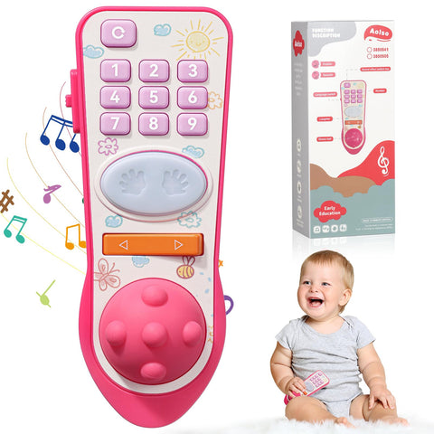 Aolso Toy Remote Control, Baby TV Remote Control Toys Educational Toys With Soft Silicone Ball, Baby Remote Control Toy Learning Musical Sensory Toy for 1-3 Year Old Boys Girls, Pink