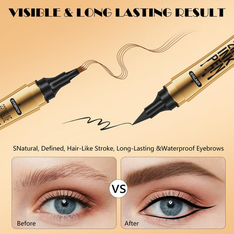 2 in 1 Magic Eyebrow Pencil,2024 Upgrade 3D Microblading Eyebrow Tattoo Pencil 4 Fork Tip with Eyeliner,Double Head Microblading Eyebrow Pencil Waterproof Makeup Tools (Dark Brown)