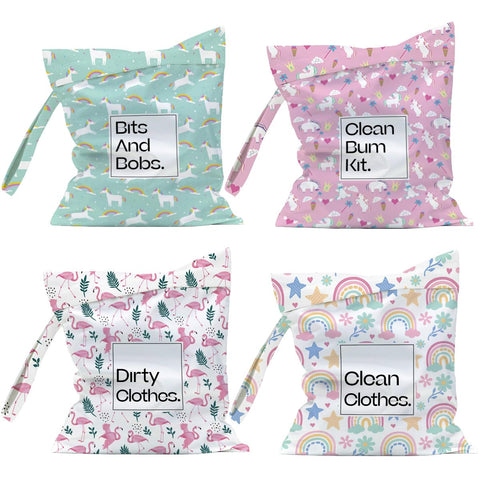 4Pcs Cloth Diapers Wet Dry Bag, Wet Bag, Diaper Bag Organizer, Dry Bags Waterproof, Travel Laundry Beach Daycare Pool Yoga Gym Bag for Swimsuits Dirty Wet Clothes, Unicorn Flamingo Rainbow Patterns