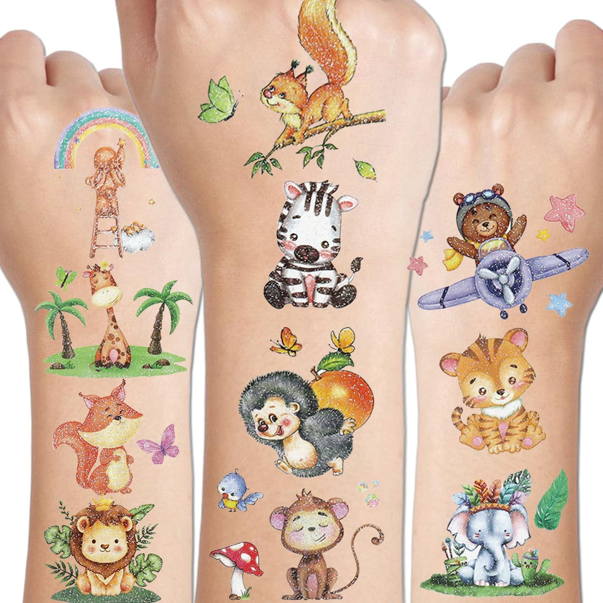 CHARLENT 140 Glitter Styles Zoo Animals Temporary Tattoos for Kids Party Supplies - 14 Sheets Glitter Jungle Animals Tattoos for Boys Girls Birthday Party Favors Goodie Bag Fillers