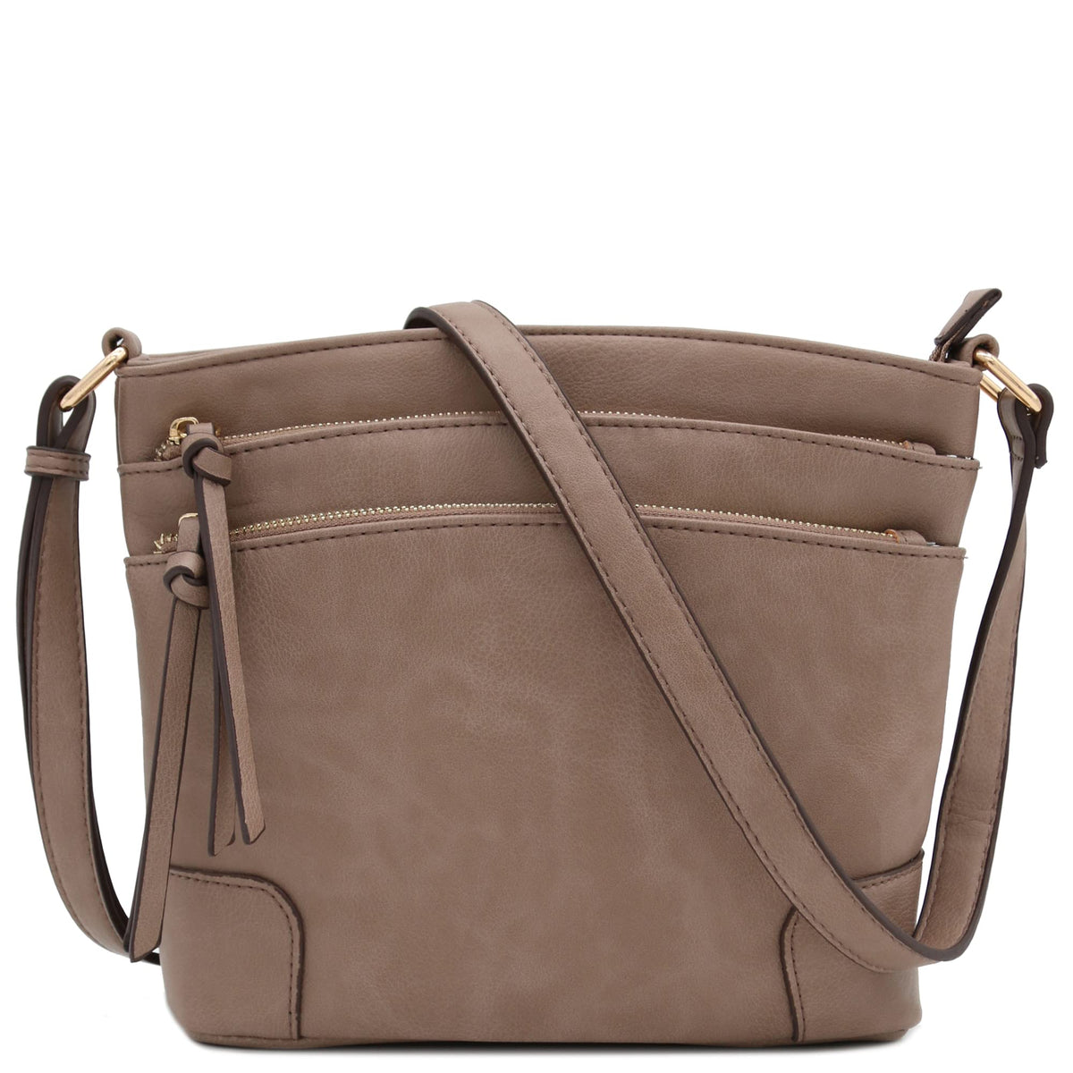 FashionPuzzle Triple Zipper Pocket Medium Crossbody Bag (Taupe)