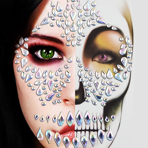 Skull Face Gems Tattoo Sticker Day Of The Dead & Halloween White Glitter Temporary Rhinestone Stickers, Skeleton Face Jewel Stick on Face Gems Stick on for dia de los muertos Makeup Supplies 1 Pack