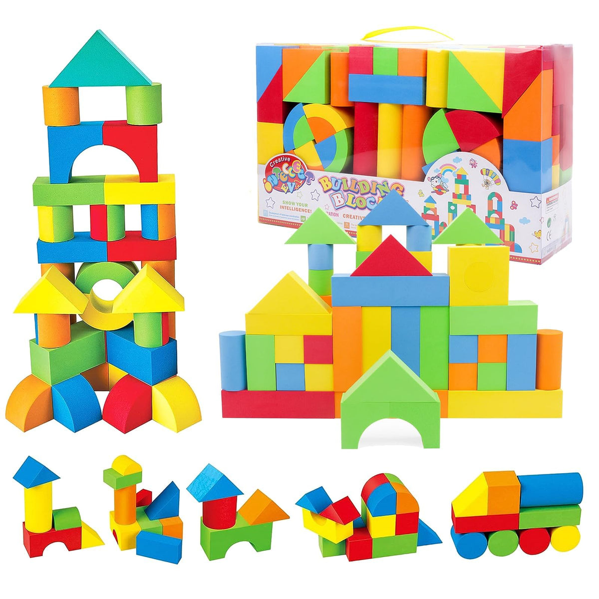 deAO Early Education 131 Piece Creative Educational EVA Jumbo Foam Building Construction Blocks for Kids