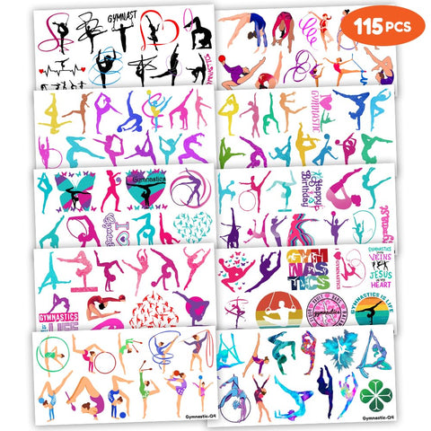 115 PCS Gymnastics Gymnast Gymnastic Temporary Tattoos Birthday Themed Party Decorations Favors Supplies Decor Cute Dance Cheerleader Stickers Gifts for Kids Boys Girls Carnival Christmas Class Prizes