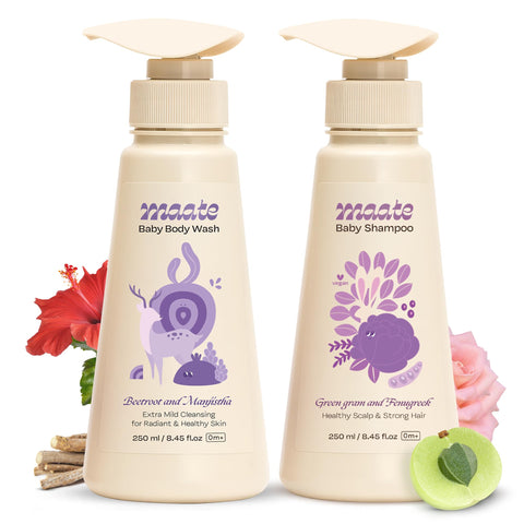 MAATE Maate(Complete) Baby Wash Combo | Extra Mild Body Wash - 250 ml & Shampoo - 250 ml Each | Paraben and Sulphate-Free | pH Balanced, Soap Free & Tear-Free | Natural & Vegan