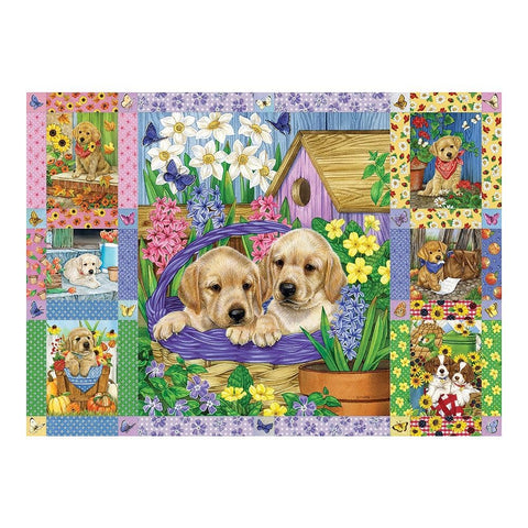 Cobble Hill 1000 Piece Puzzle - Puppies and Posies Quilt - Sample Poster Included