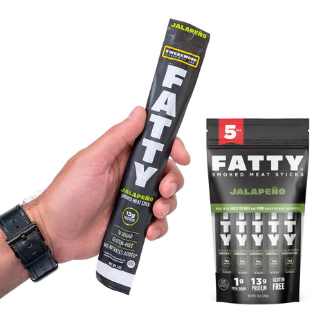 FATTY Meat Sticks, Grass-Fed Beef, High Protein Snack, Camping, Sports, Road Trip, Low Carb, Gluten Free, MSG Free, Nitrate Free, Jalapeno Flavor, 2 Ounce (5 Sticks)