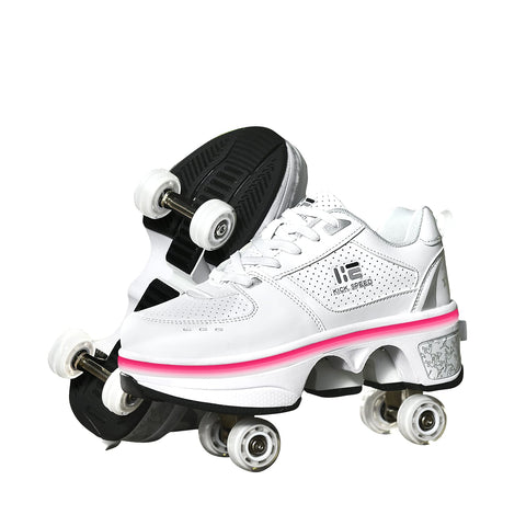 LED Women Deformation Roller Skate Shoes ?Double-Row Walking Shoes with Invisible Wheels White Size: 6.5 UK